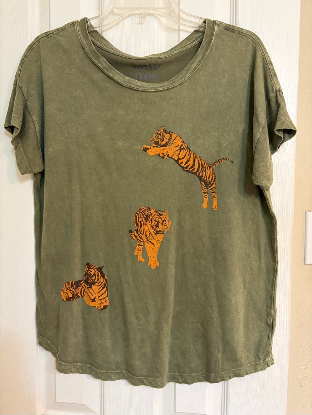 Free People Vintage Canvas Olive Oversized Cotton Short Sleeve Tiger Tee Size L